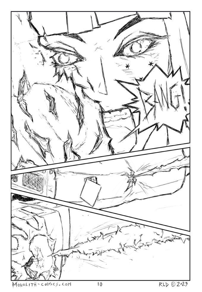 Omega Men - The Omega Problem transcript. Page: 10 Panel 1:
Extreme close-up of Bad Bangs' face, her eyes wide and mouth open as she screams, unleashing a torrent of her stored energy.
 BAD BANGS (BURST): Bang!  
Panel 2: 
Exterior shot of the bus, which is still on its side. The energy blast from Bad Bangs starts to tear open the roof of the bus, creating a jagged rupture.
Panel 3:
The bus's roof is now completely torn open, and the energy blast from Bad Bangs continues to shoot skyward, leaving a trail of destruction in its wake.